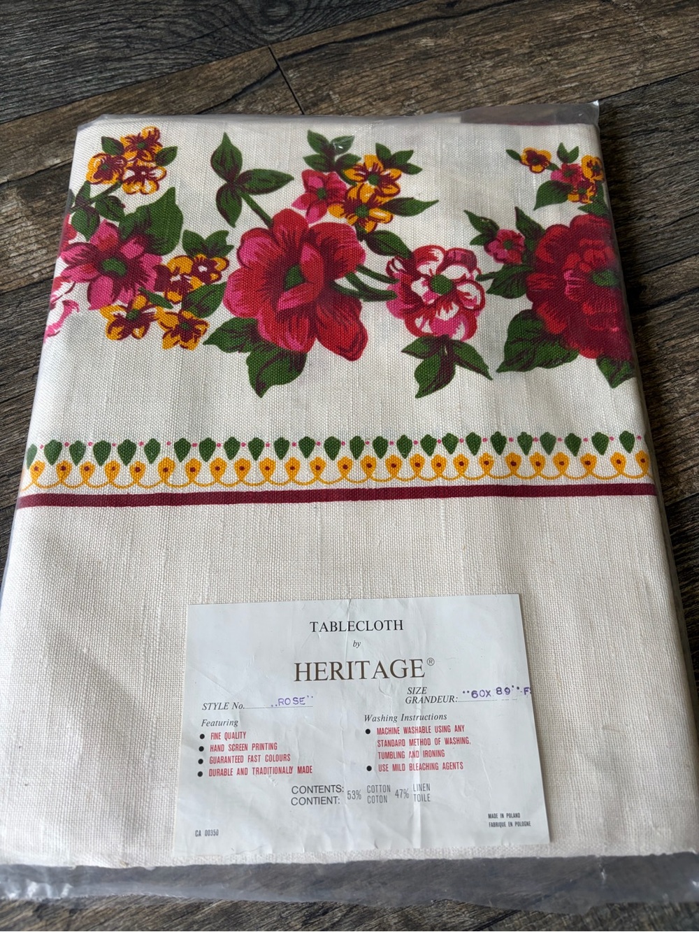 Vintage Heritage Floral Border Tablecloth in Cream with Pink & Red Blooms
